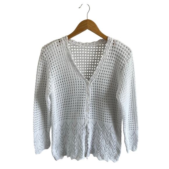Crochet Cardigan Sweater Open Knit Pointelle White Cottagecore Feminine - Picture 1 of 10